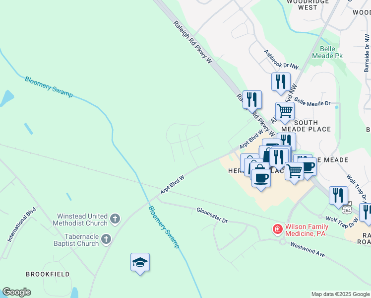 map of restaurants, bars, coffee shops, grocery stores, and more near 3706 Cessna Way in Wilson
