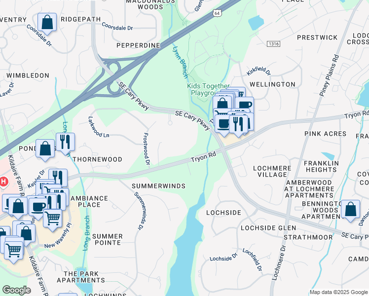 map of restaurants, bars, coffee shops, grocery stores, and more near 6590 Трион-роуд in Cary