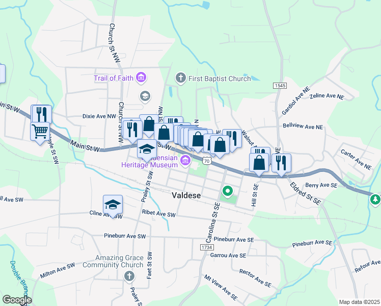 map of restaurants, bars, coffee shops, grocery stores, and more near 100 Main Street East in Valdese