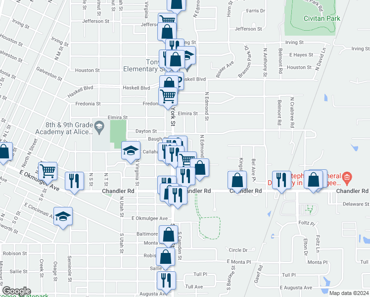 map of restaurants, bars, coffee shops, grocery stores, and more near 504 North York Street in Muskogee