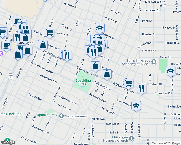 map of restaurants, bars, coffee shops, grocery stores, and more near 801-817 East Okmulgee Avenue in Muskogee