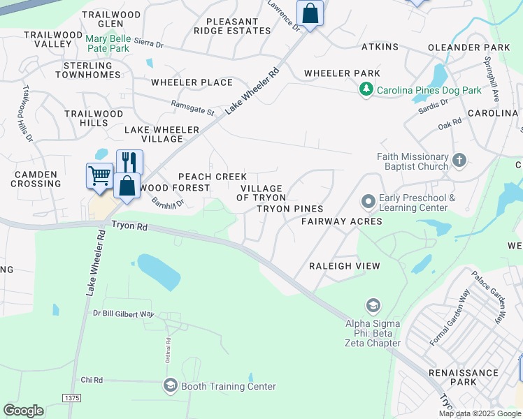 map of restaurants, bars, coffee shops, grocery stores, and more near 2404 Valley Haven Drive in Raleigh