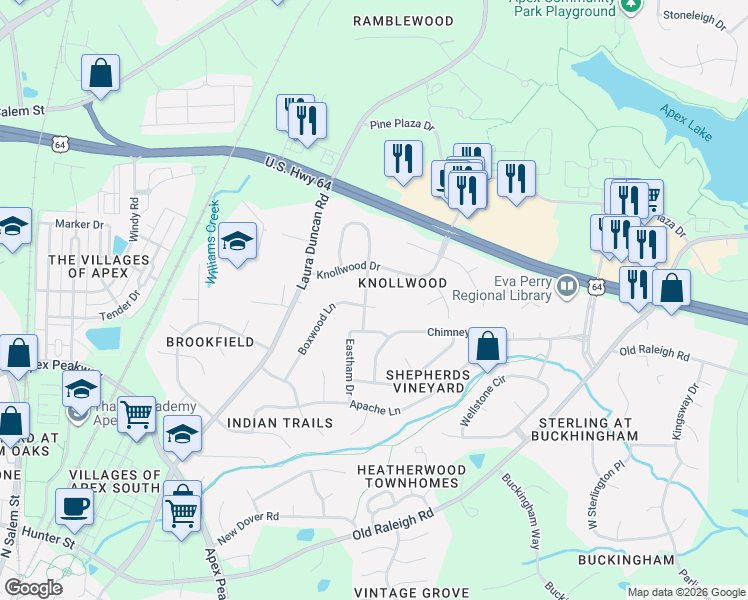 map of restaurants, bars, coffee shops, grocery stores, and more near 1515 Cone Avenue in Apex