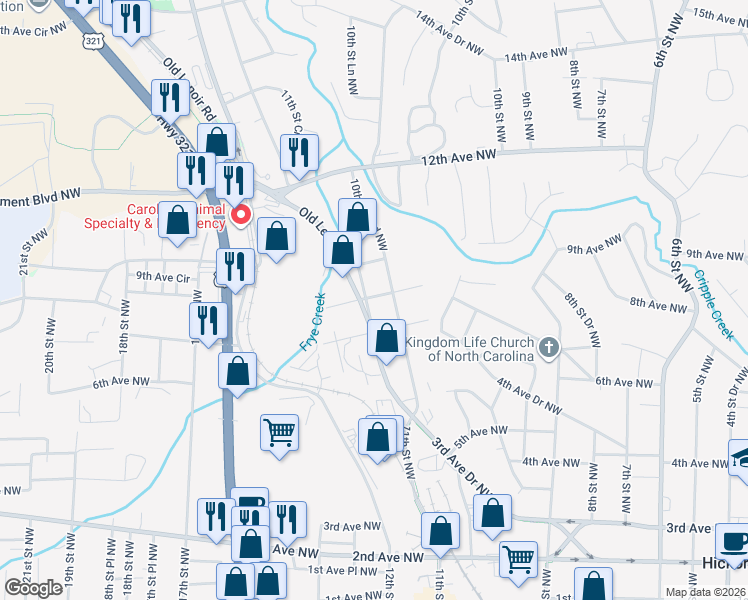 map of restaurants, bars, coffee shops, grocery stores, and more near 738 11th Street Northwest in Hickory