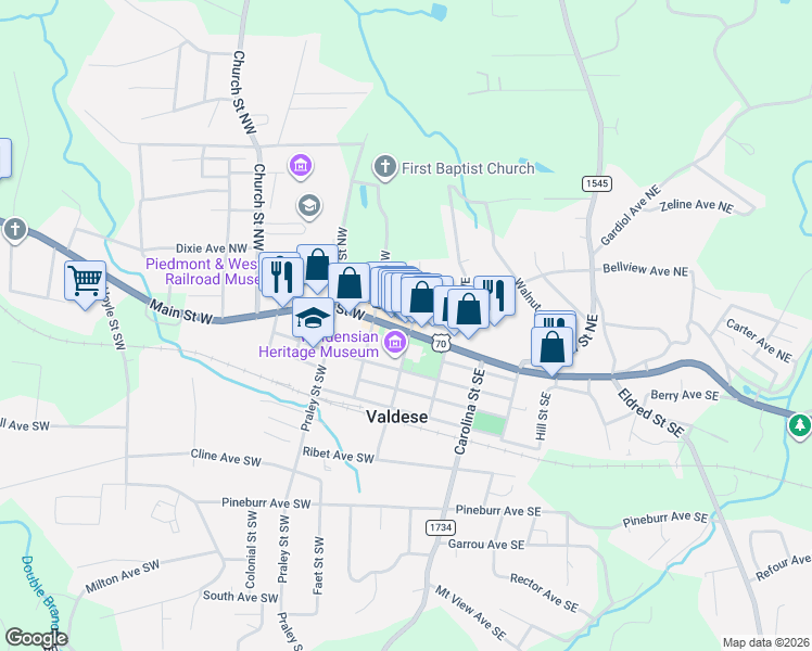 map of restaurants, bars, coffee shops, grocery stores, and more near 100 Main Street East in Valdese