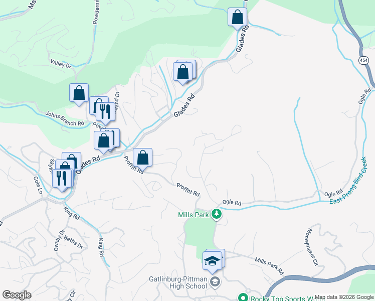 map of restaurants, bars, coffee shops, grocery stores, and more near 385 PA Proffitt Road in Gatlinburg