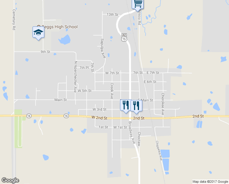 map of restaurants, bars, coffee shops, grocery stores, and more near 210 West 5th Street in Beggs