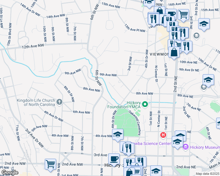 map of restaurants, bars, coffee shops, grocery stores, and more near 439 7th Avenue Place Northwest in Hickory
