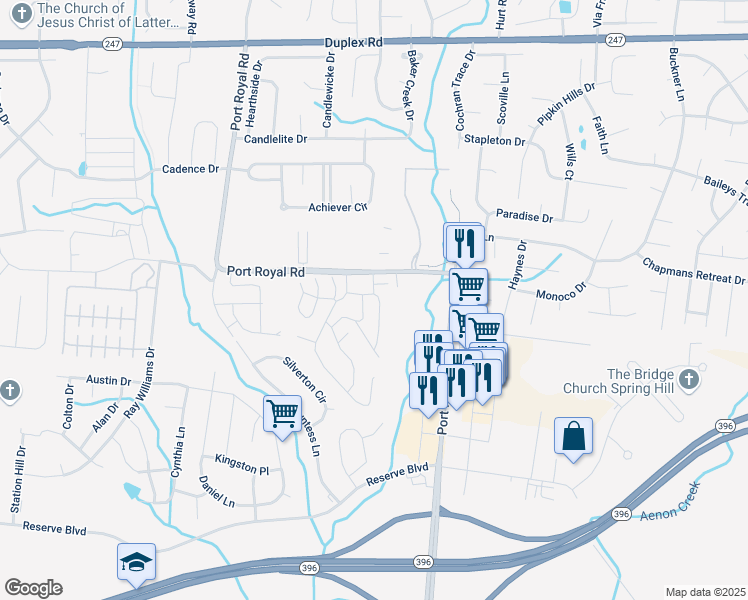 map of restaurants, bars, coffee shops, grocery stores, and more near 1028 Wells Way in Spring Hill