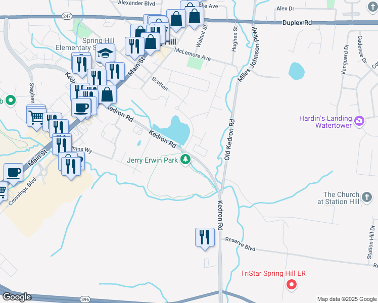 map of restaurants, bars, coffee shops, grocery stores, and more near 3399 Kedron Road in Spring Hill