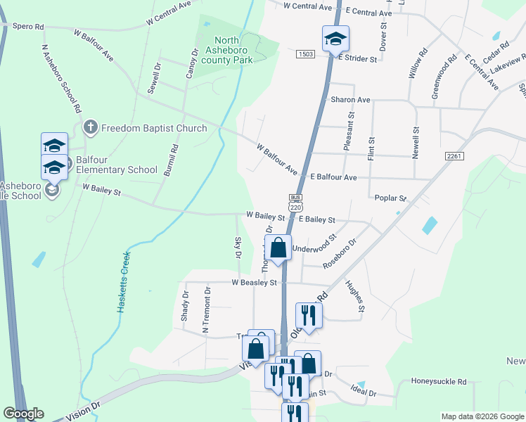 map of restaurants, bars, coffee shops, grocery stores, and more near 114 West Bailey Street in Asheboro