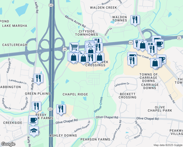 map of restaurants, bars, coffee shops, grocery stores, and more near 2109 Whitesmith Drive in Apex