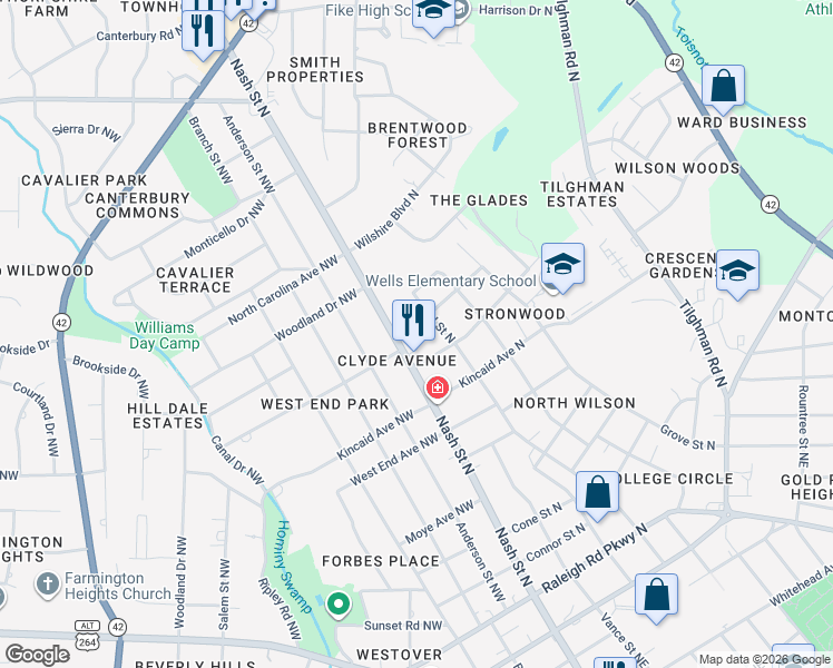 map of restaurants, bars, coffee shops, grocery stores, and more near 102 Clyde Avenue North in Wilson
