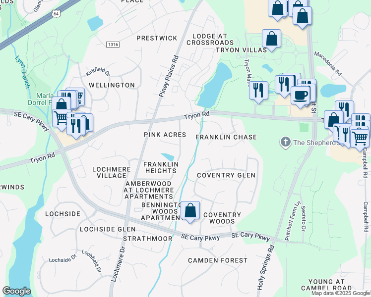 map of restaurants, bars, coffee shops, grocery stores, and more near 2801 Cowley Road in Cary