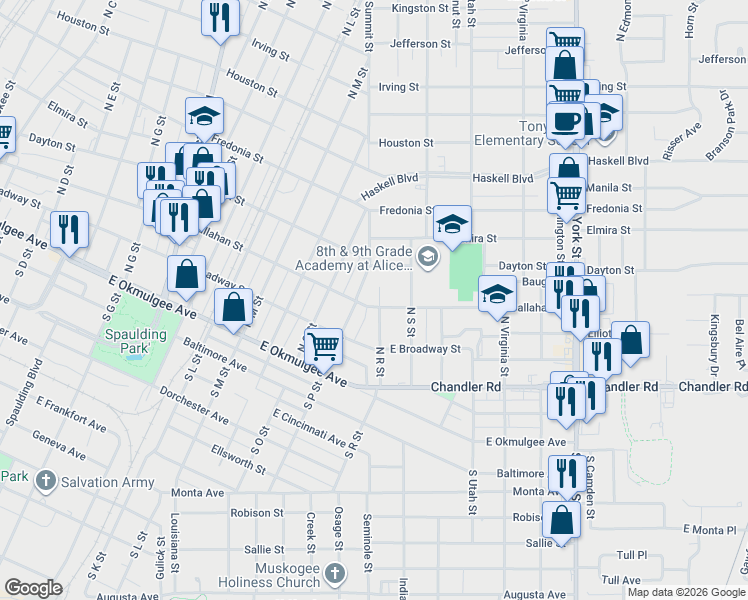 map of restaurants, bars, coffee shops, grocery stores, and more near 1608 Callahan Street in Muskogee