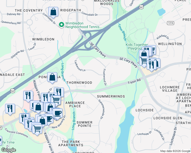 map of restaurants, bars, coffee shops, grocery stores, and more near 105 Larkwood Lane in Cary