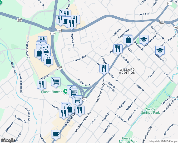 map of restaurants, bars, coffee shops, grocery stores, and more near 1323 Chilhowee Avenue in Maryville