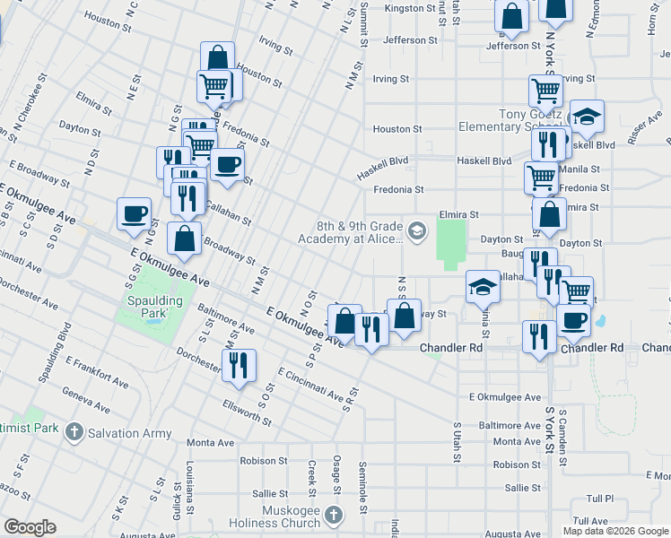 map of restaurants, bars, coffee shops, grocery stores, and more near 1507 Callahan Street in Muskogee