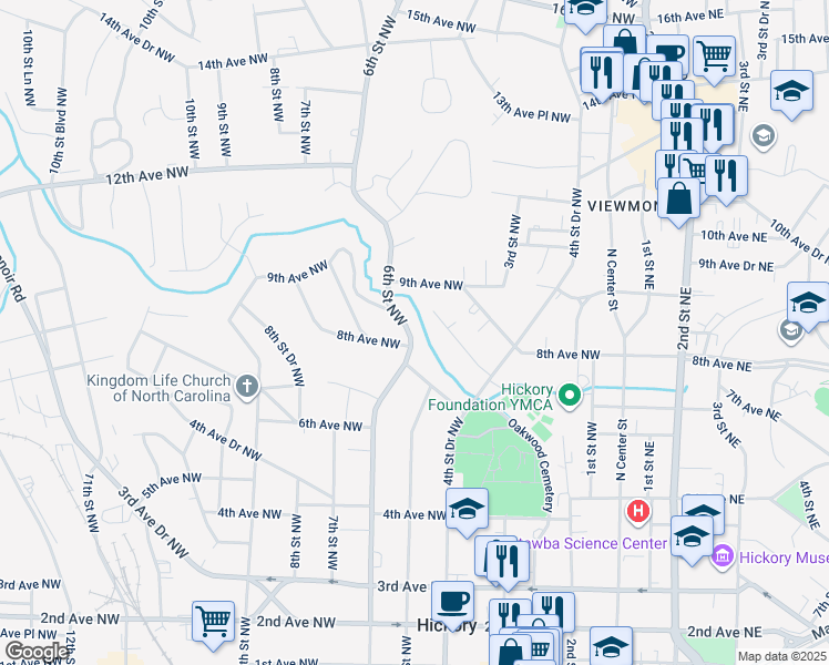 map of restaurants, bars, coffee shops, grocery stores, and more near 824 6th Street Northwest in Hickory