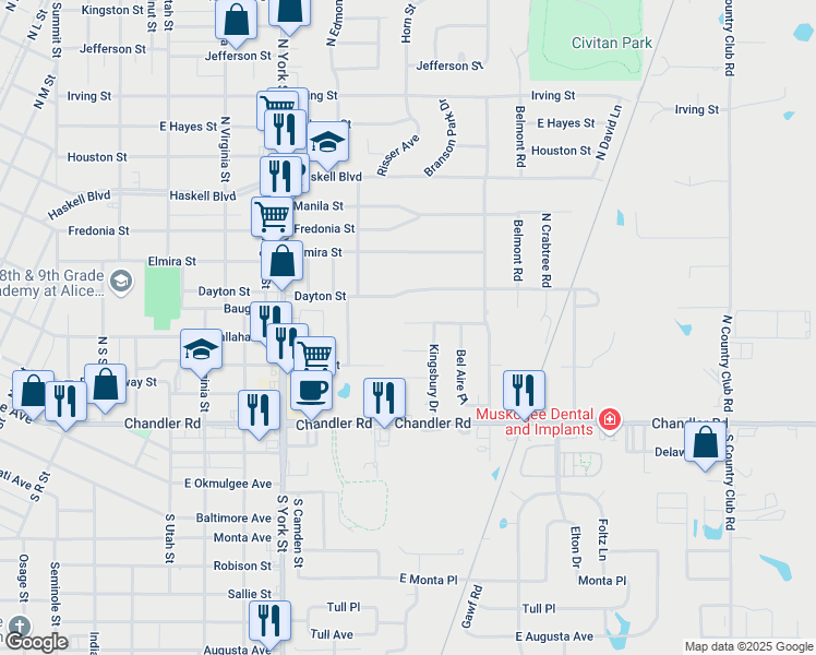 map of restaurants, bars, coffee shops, grocery stores, and more near 2605 Callahan Street in Muskogee
