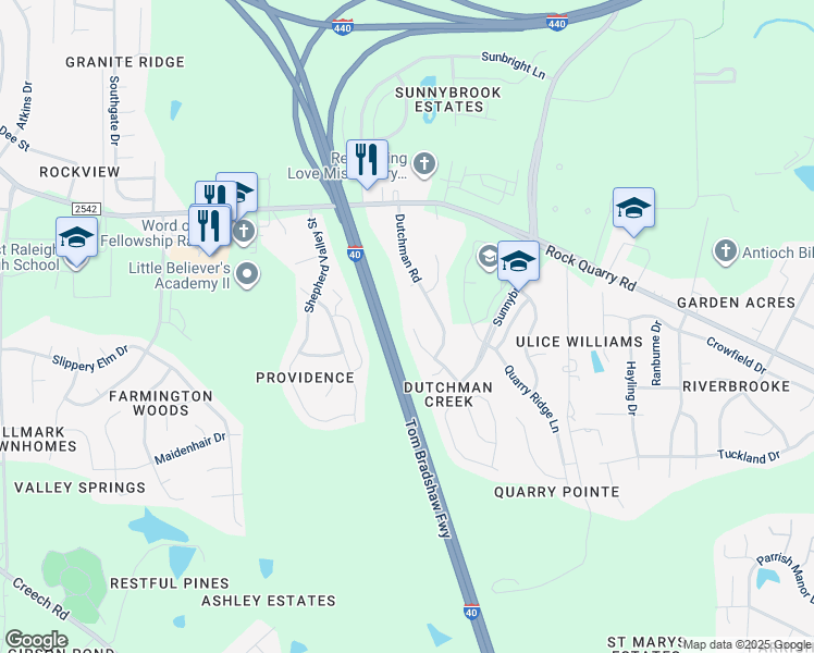map of restaurants, bars, coffee shops, grocery stores, and more near 3504 Rivermist Drive in Raleigh