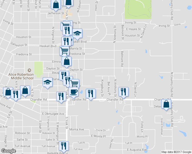 map of restaurants, bars, coffee shops, grocery stores, and more near 2605 Callahan Street in Muskogee