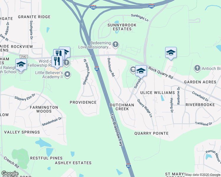 map of restaurants, bars, coffee shops, grocery stores, and more near 3504 Rivermist Drive in Raleigh