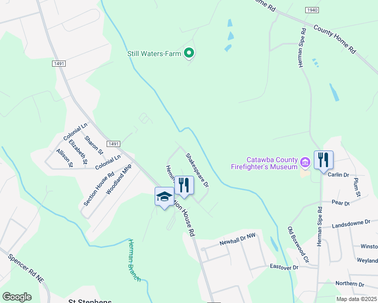 map of restaurants, bars, coffee shops, grocery stores, and more near 3979 Shakespeare Drive in Hickory