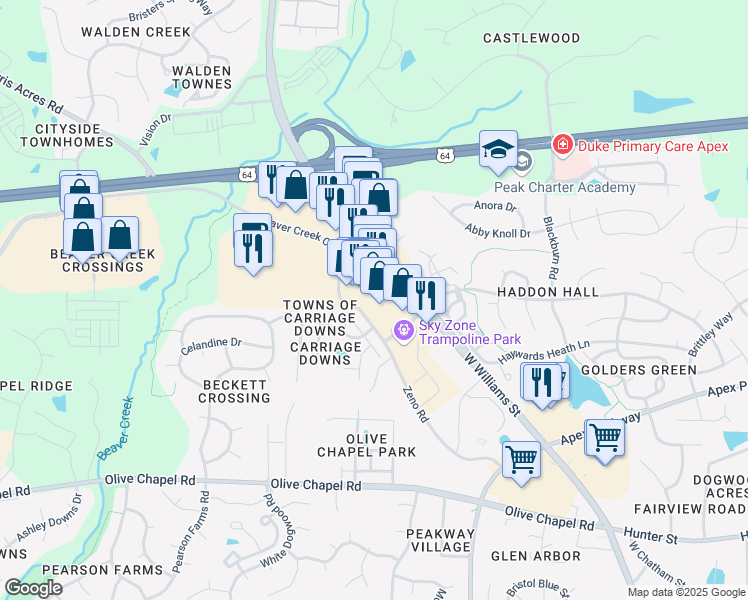 map of restaurants, bars, coffee shops, grocery stores, and more near 1041 Beaver Creek Commons Drive in Apex