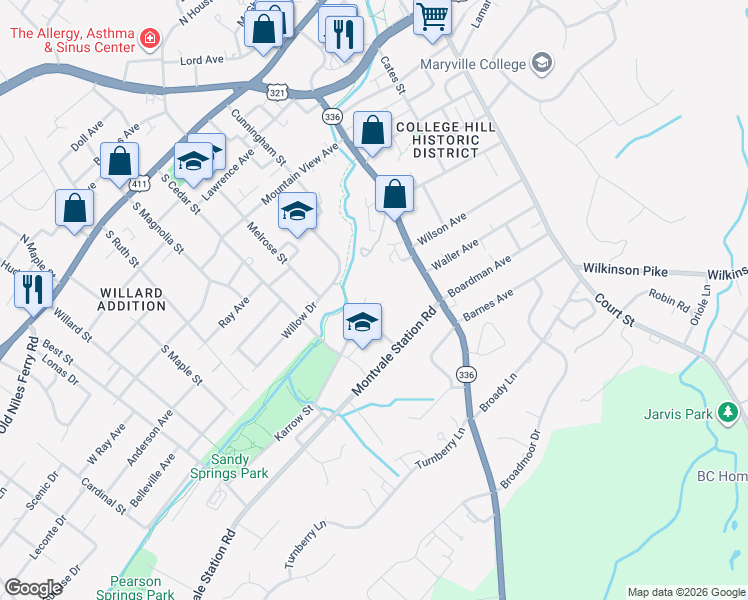 map of restaurants, bars, coffee shops, grocery stores, and more near 413 Bayberry Court in Maryville
