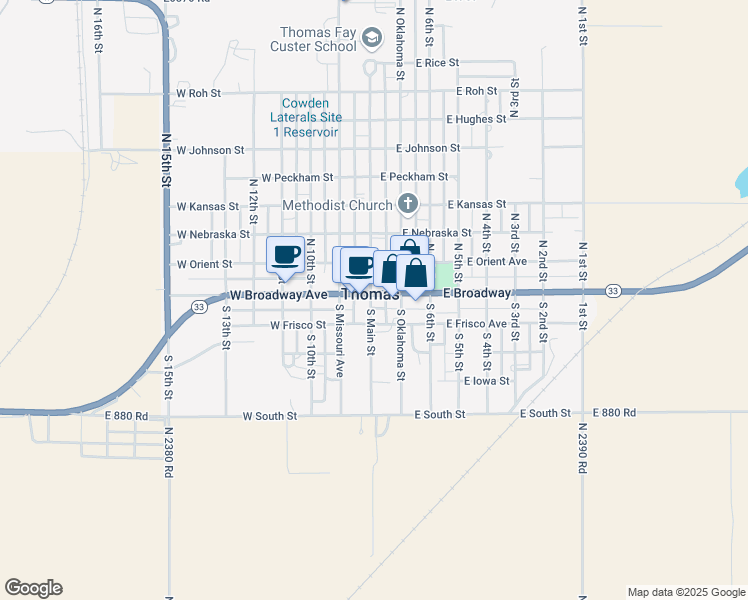 map of restaurants, bars, coffee shops, grocery stores, and more near 120 East Broadway in Thomas