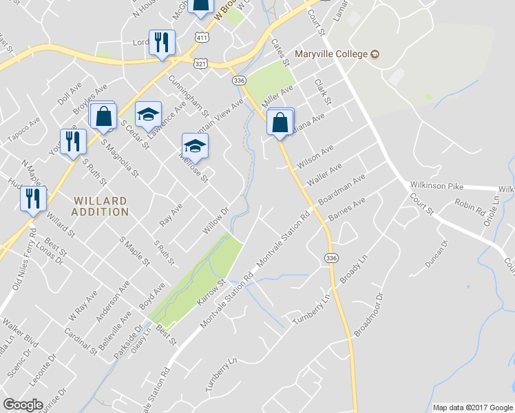 map of restaurants, bars, coffee shops, grocery stores, and more near 529 Karrow Street in Maryville