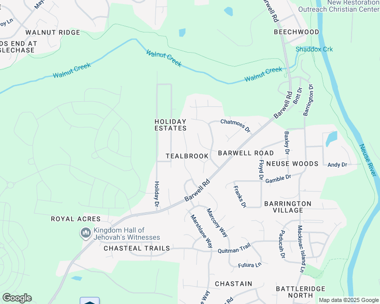 map of restaurants, bars, coffee shops, grocery stores, and more near 5633 Tealbrook Drive in Raleigh