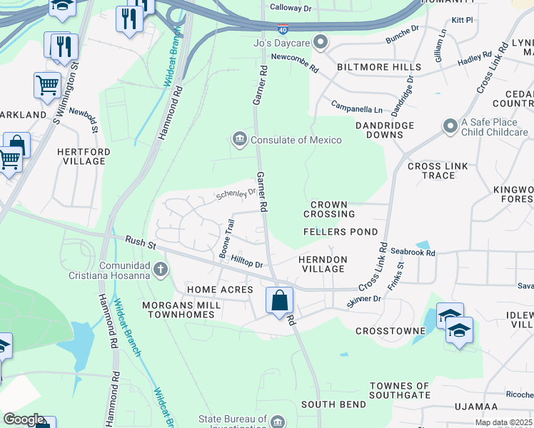 map of restaurants, bars, coffee shops, grocery stores, and more near 2613 Garner Road in Raleigh