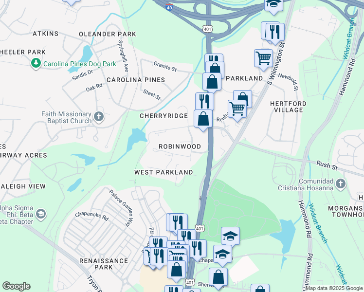 map of restaurants, bars, coffee shops, grocery stores, and more near 604 Wexford Drive in Raleigh