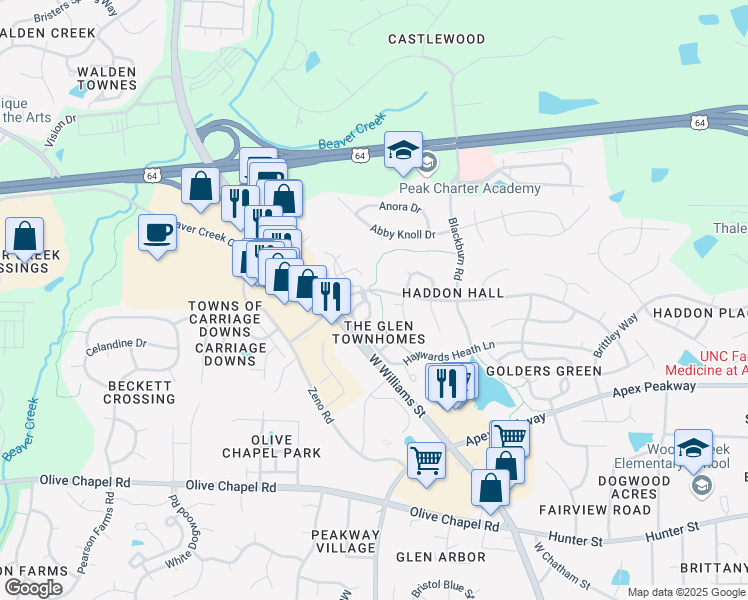 map of restaurants, bars, coffee shops, grocery stores, and more near 140 Darley Dale Loop in Apex