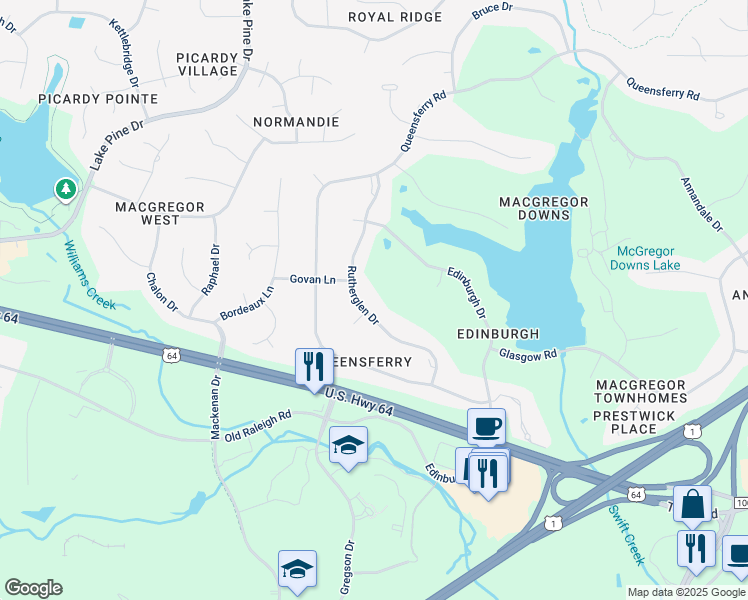 map of restaurants, bars, coffee shops, grocery stores, and more near 403 Rutherglen Drive in Cary