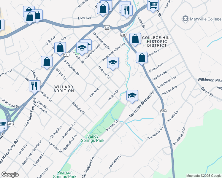 map of restaurants, bars, coffee shops, grocery stores, and more near 600 South Cedar Street in Maryville