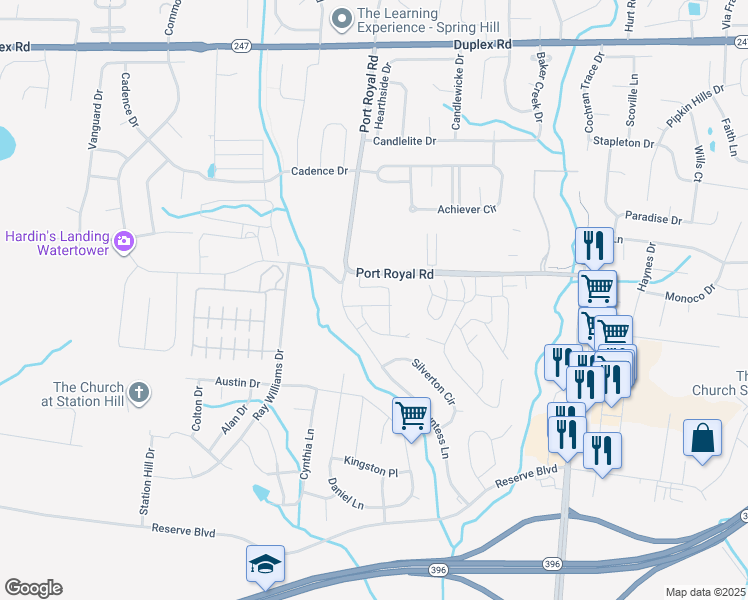 map of restaurants, bars, coffee shops, grocery stores, and more near 5045 Port Royal Road in Spring Hill