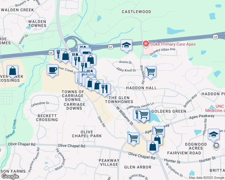 map of restaurants, bars, coffee shops, grocery stores, and more near 1515 Haywards Heath Lane in Apex