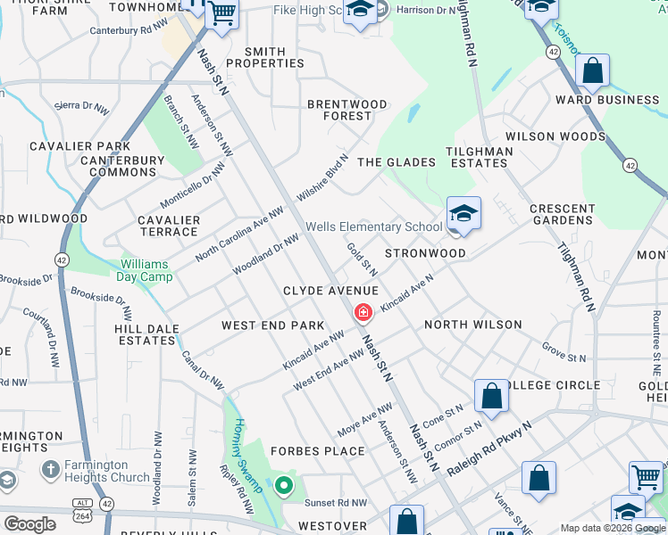 map of restaurants, bars, coffee shops, grocery stores, and more near 102 Clyde Avenue North in Wilson