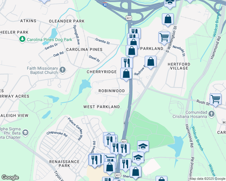 map of restaurants, bars, coffee shops, grocery stores, and more near 604 Wexford Drive in Raleigh