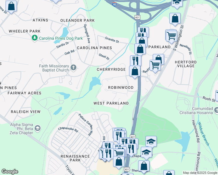 map of restaurants, bars, coffee shops, grocery stores, and more near 711 Wexford Drive in Raleigh