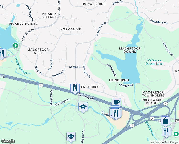 map of restaurants, bars, coffee shops, grocery stores, and more near 403 Rutherglen Drive in Cary