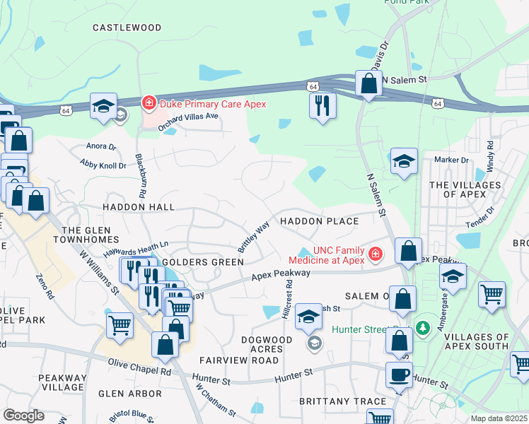 map of restaurants, bars, coffee shops, grocery stores, and more near 1902 Charlion Downs Lane in Apex