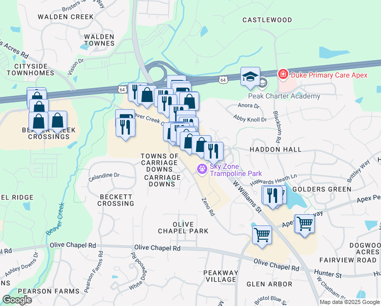 map of restaurants, bars, coffee shops, grocery stores, and more near 1041 Beaver Creek Commons Drive in Apex