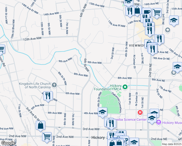 map of restaurants, bars, coffee shops, grocery stores, and more near 439 7th Avenue Place Northwest in Hickory