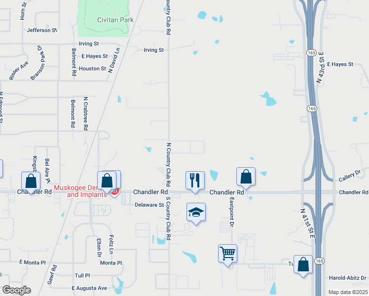 map of restaurants, bars, coffee shops, grocery stores, and more near 200 North Country Club Road in Muskogee