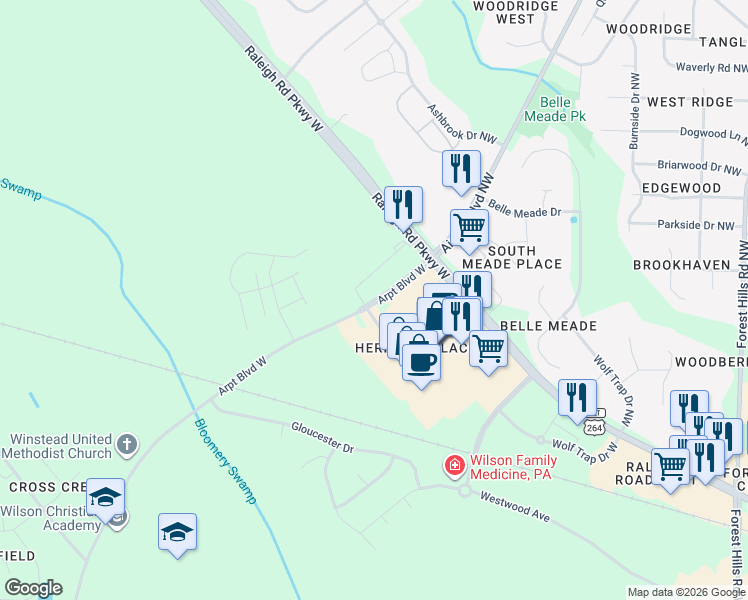 map of restaurants, bars, coffee shops, grocery stores, and more near Airport Boulevard in Wilson