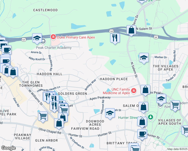 map of restaurants, bars, coffee shops, grocery stores, and more near 1902 Charlion Downs Lane in Apex